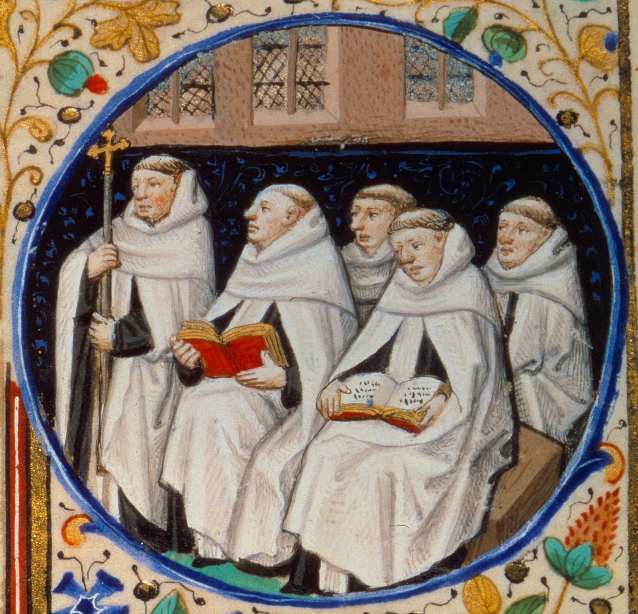 Scen av klosterliv. Detalj som representerar munkar av Carmenorden. Miniatyr hämtad från "" Timbok enligt bruken av Paris"" upplyst av Mästarens verkstad i Bedford. 1450. Paris, B.N. av Bedford Master Workshop