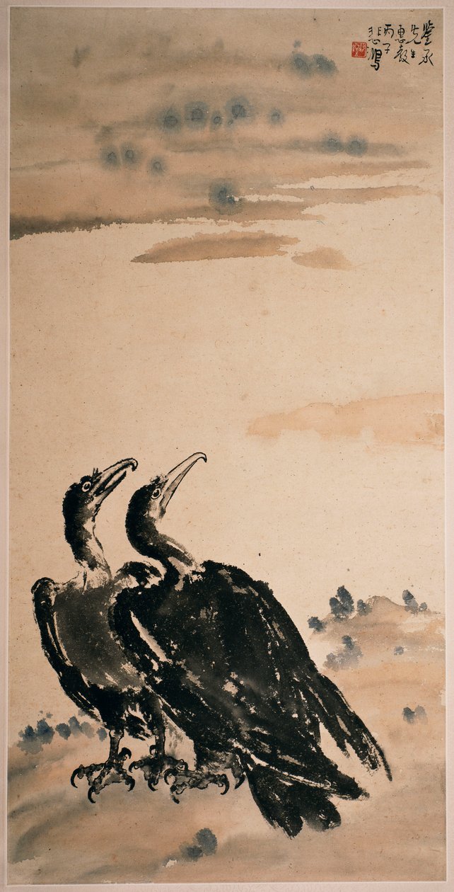 Two Cormorants (hängande rullbild och färg på papper) av Beihong Xu