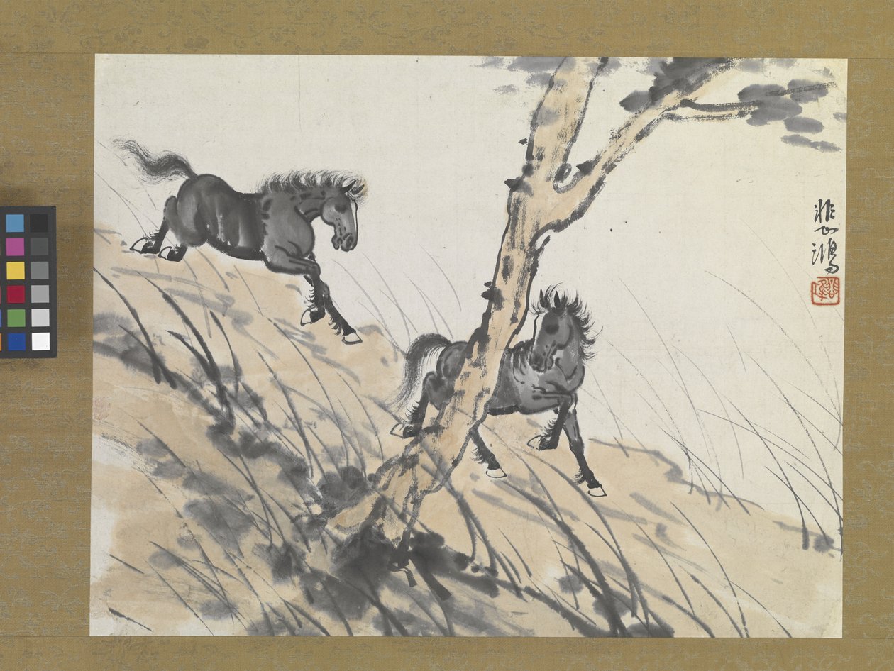 Two Horses On Hillside, tidigt 1900-tal (bläck och färg på papper) av Beihong Xu