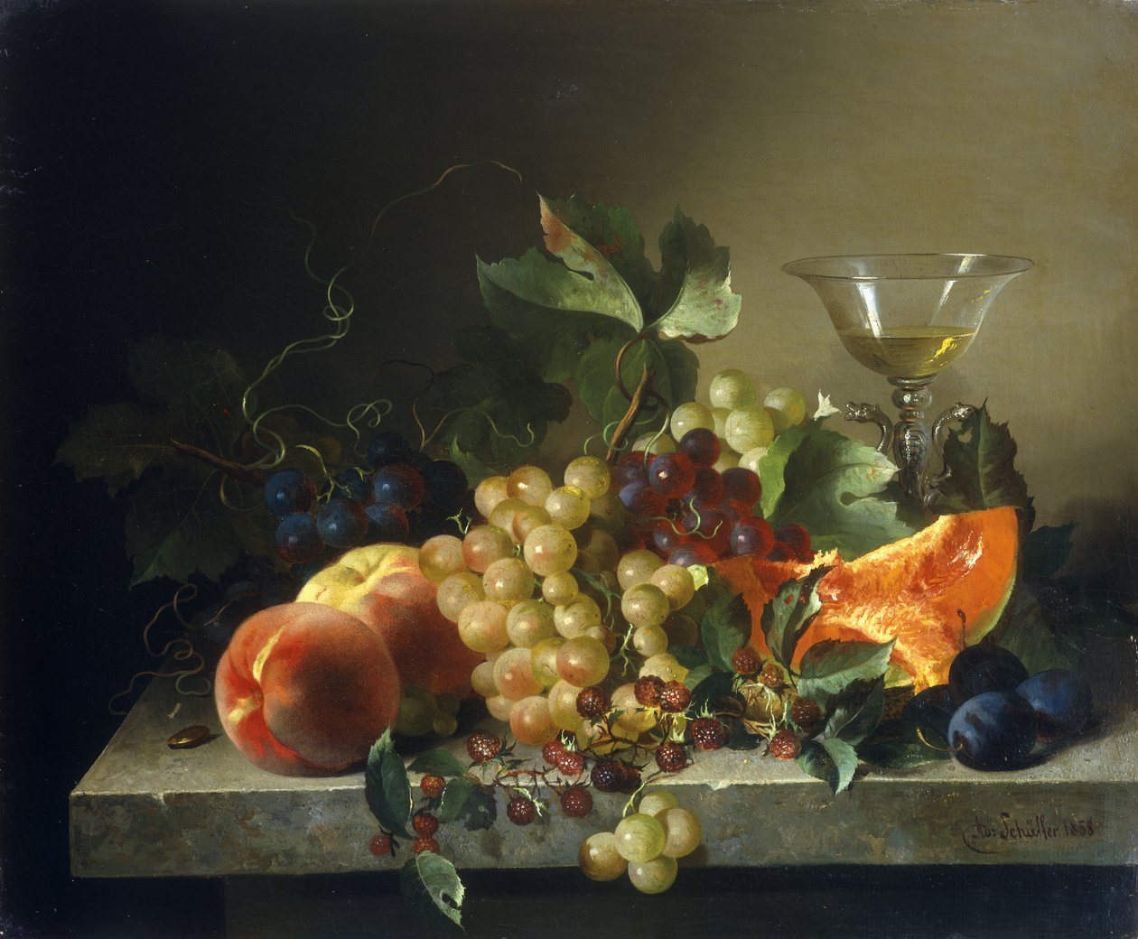 Ett stilleben med frukt på en stenkant, 1858 av Bela Schaffer