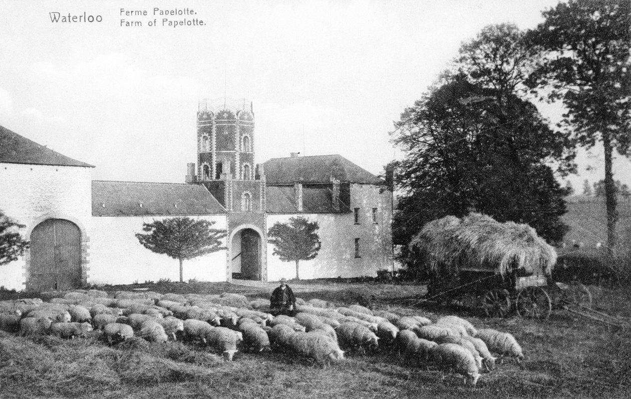 Farm of Papelotte, en viktig strategisk plats för Wellington under slaget vid Waterloo, jubileumsvykort, ca 1912 (photolitho) av Belgian Photographer