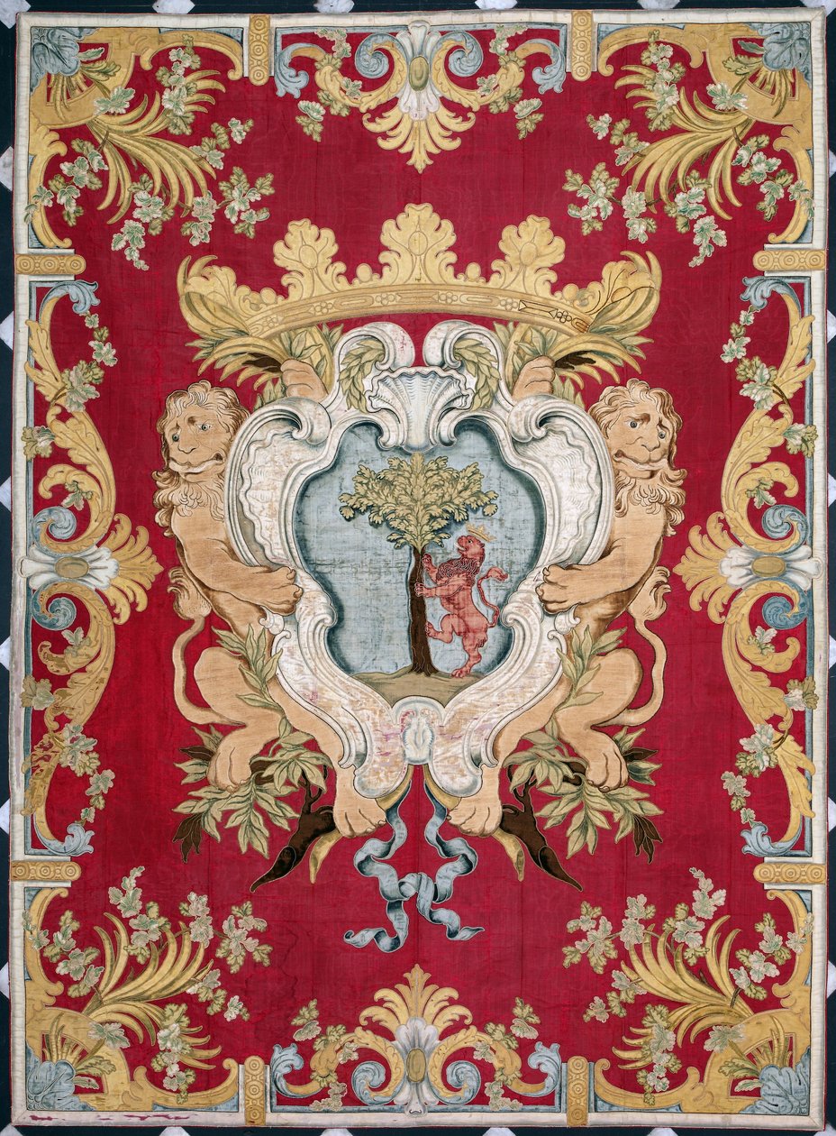 Adelns blasonering med ett lejon och ett träd. Gobeläng över manufakturerna i Bryssel. 1500-talet Genes, Musei di Strada Nuova av Belgian School