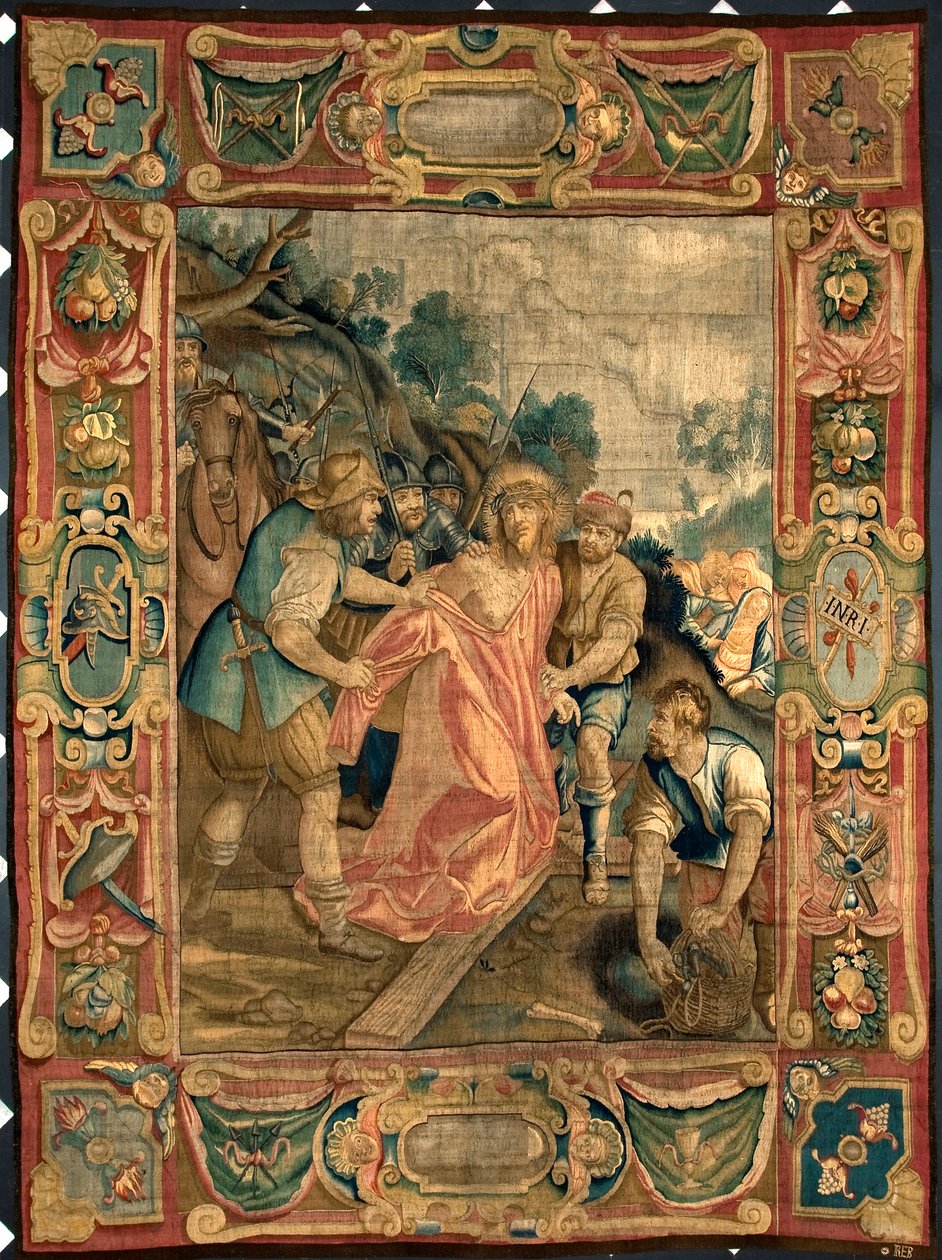 Kristus blir bestulen på sina kläder. Gobeläng tillverkad av tillverkarna i Bryssel. 1500-talsgener, Musei di Strada Nuova av Belgian School