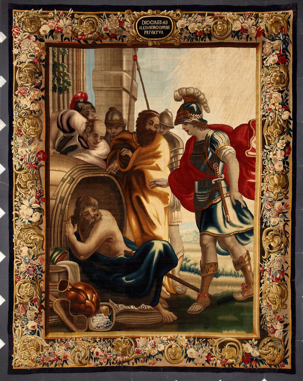 Diogene och Alexander: möte mellan den grekiske filosofen Diogene de Sinope (413-327 f.Kr.) i sin tunna och kung Alexander den store (356-323 f.Kr.) i Korinth. När erövraren frågade honom vad han ville, svarade Diogene: "Ta lite av min sol". Tappa av Belgian School