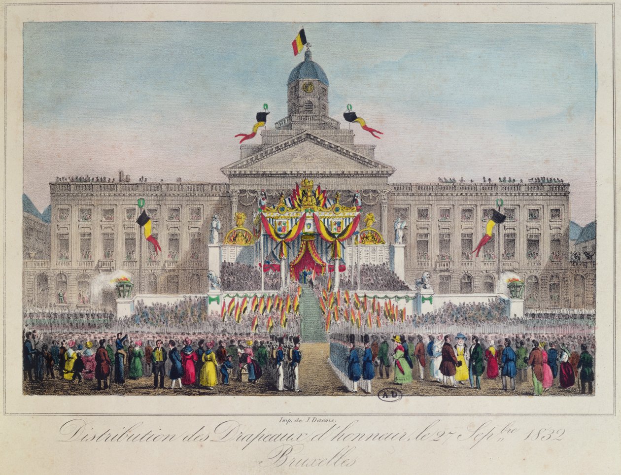 Utdelning av hedersflaggor i Bryssel den 27 september 1832, 1832 (färgstick) av Belgian School