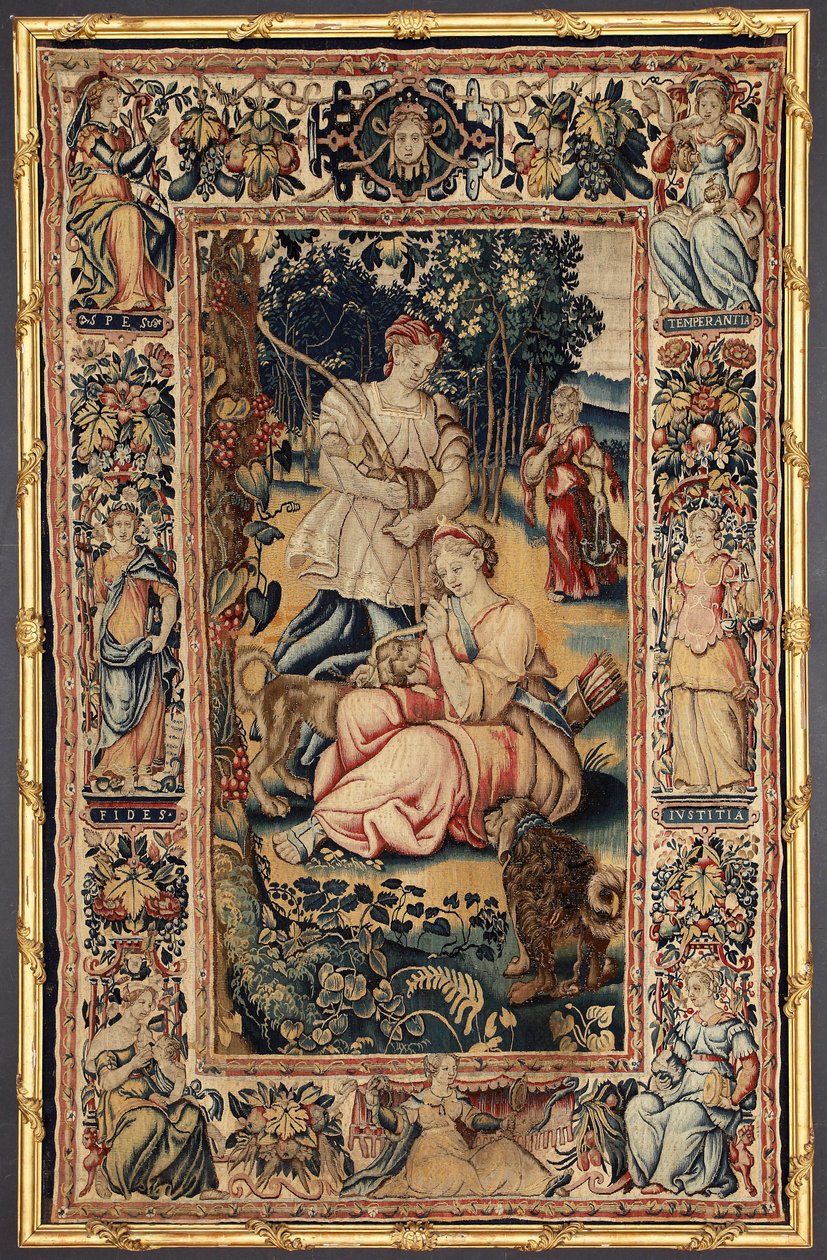 Jaktens gudinna Diane och dygden. Gobeläng tillverkad i manufakturerna i Bryssel. 1500-talet Genes, Musei di Strada Nuova av Belgian School