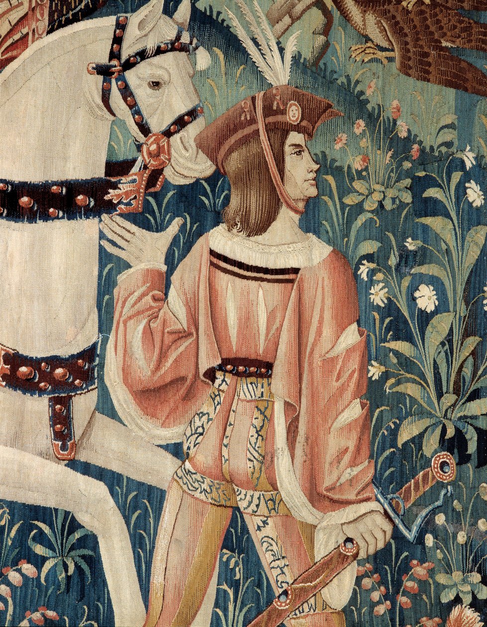Medeltid: början för jaktfalk, till häst. Detalj av en silkes- och ulltapet från början av 1500-talet. Från Hainaut. Paris, Nationalmuseet för medeltiden, Thermes de Cluny av Belgian School