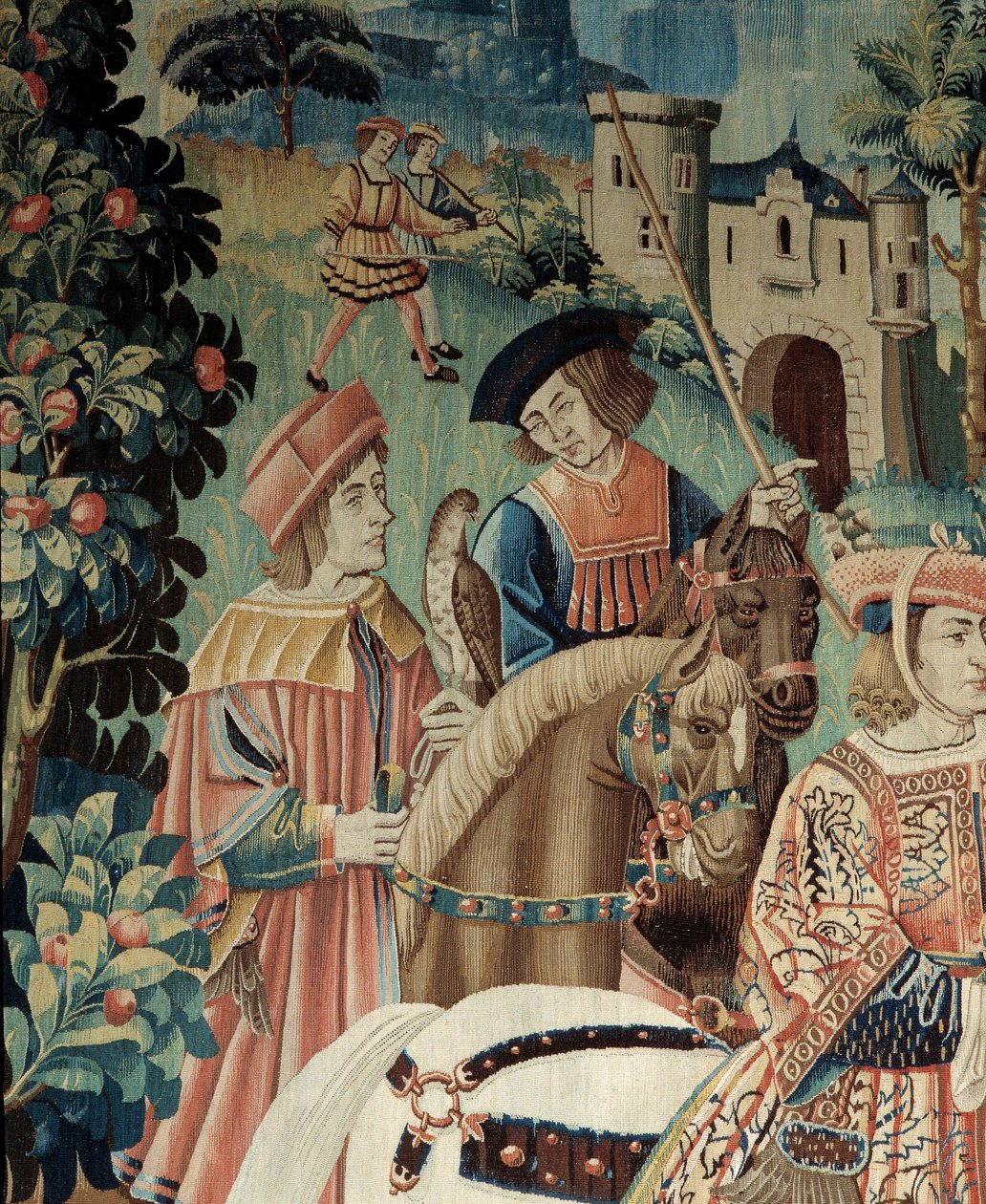 Medeltiden: början till jakt på falk, på hästryggen. Detalj av en siden- och ulltapet från början av 1500-talet. Från Hainaut. Paris, Medeltidens nationalmuseum, Thermes de Cluny av Belgian School