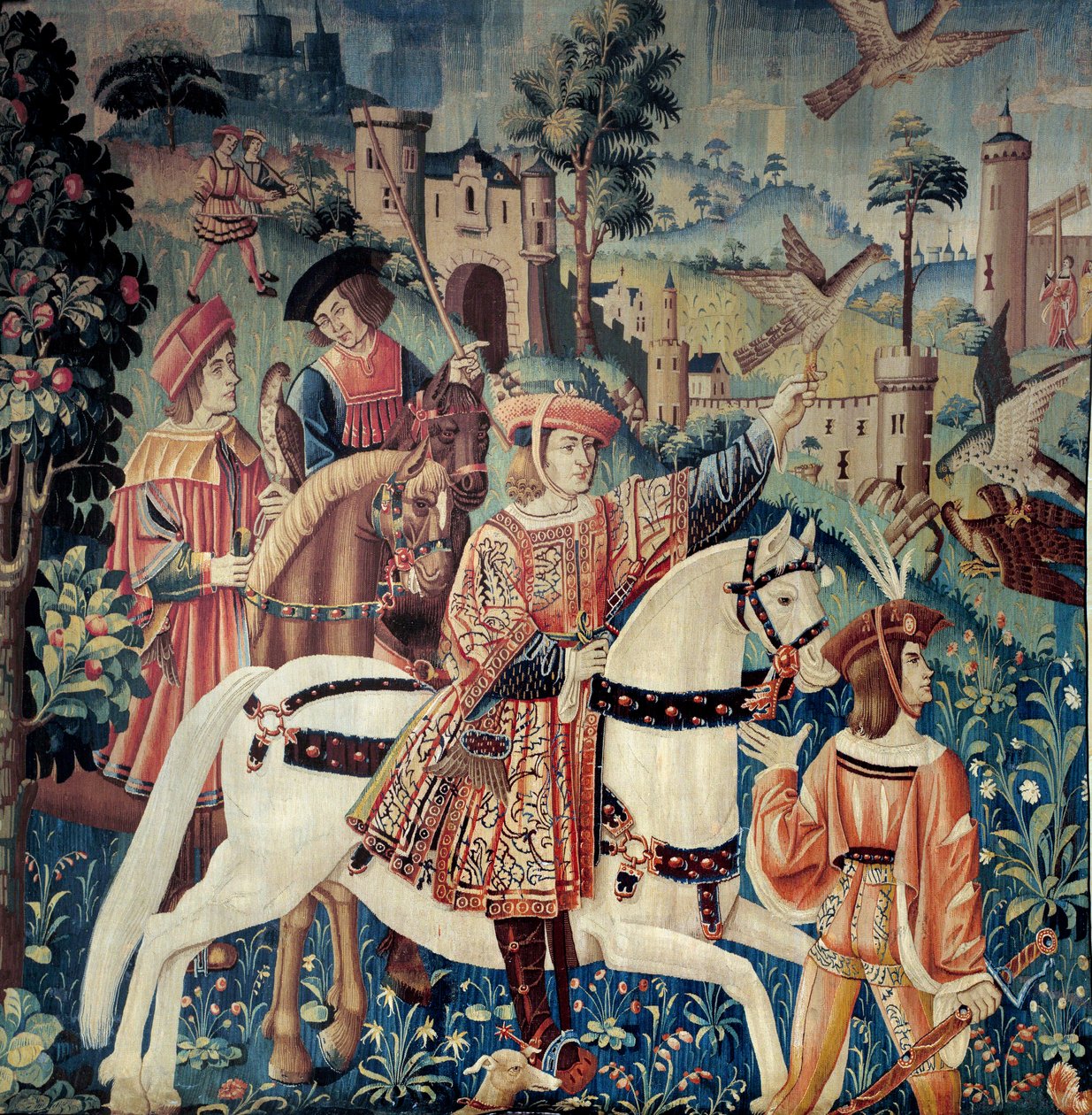 Medeltiden: början till jakt på falk, på hästryggen. tapisseri i siden och ull från början av 1500-talet. Från Hainaut. Paris, Medeltidens nationalmuseum, Thermes de Cluny av Belgian School