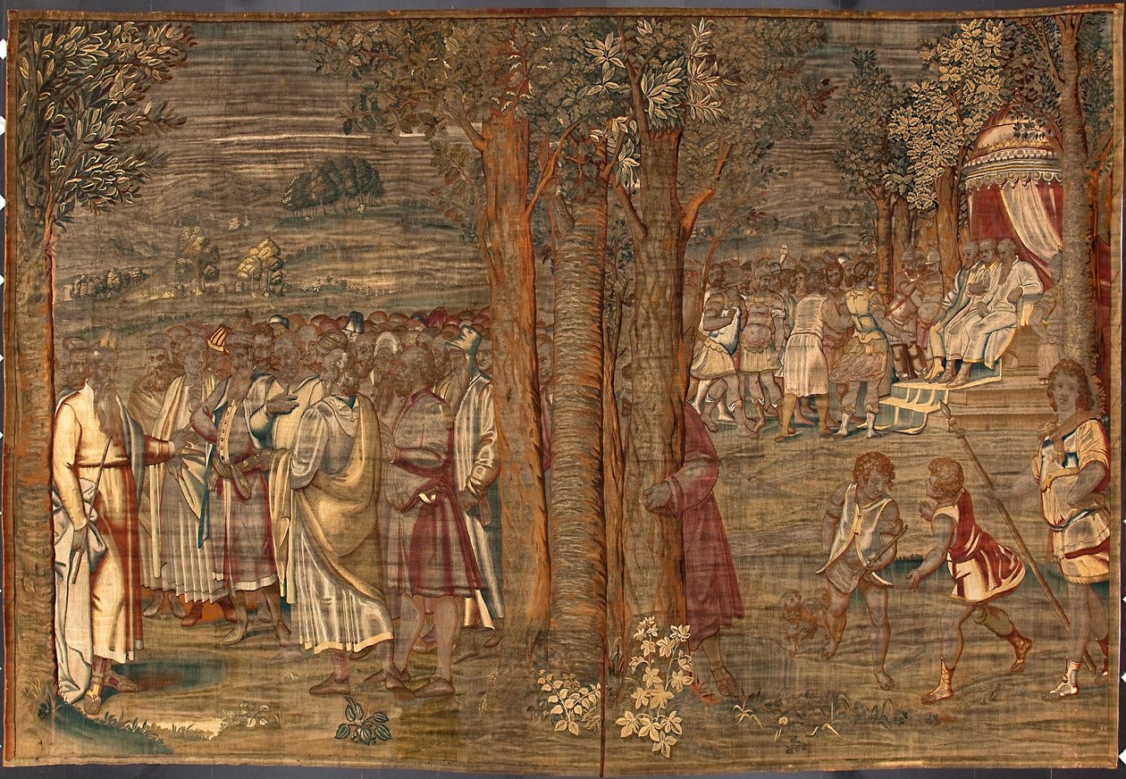 Moise etablerar rättvisan Tapisseri av Dionys Martensz efter Luca Cambiasos (1527-1584) kartonger och tillverkad i manufakturerna i Bryssel 1561-1564 Dim. 392,5x220,5 cm Genes, Musei di Strada Nuova av Belgian School