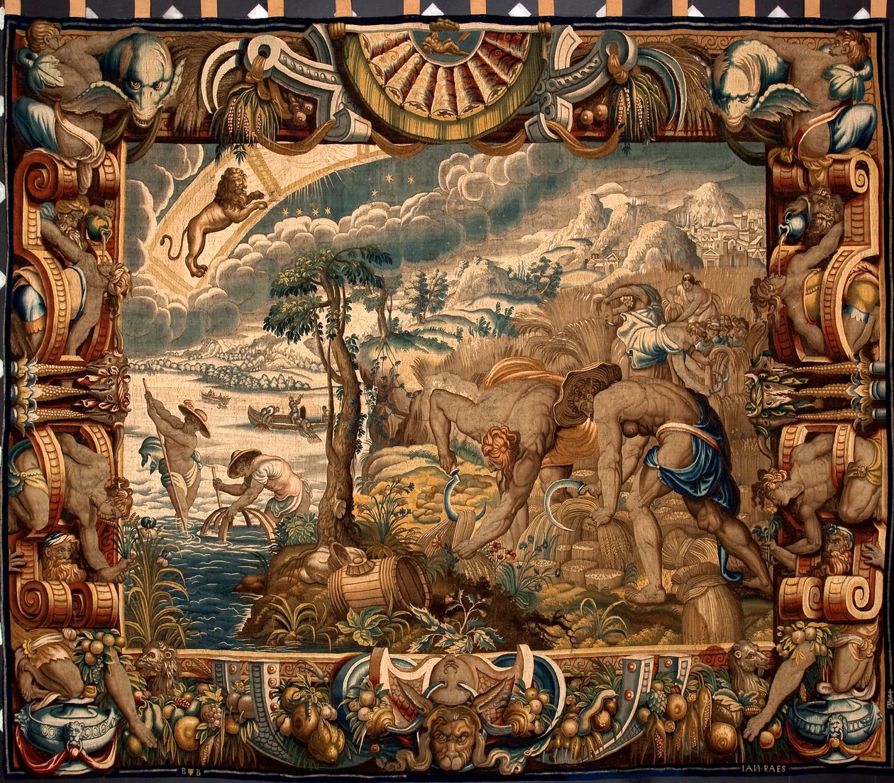 Augusti månad: "Skörden" Gobeläng av Jan Raes (verksam omkring 1610-1631) tillverkad av manufakturerna i Bryssel. 1600-talet Genes, Musei di Strada Nuova av Belgian School