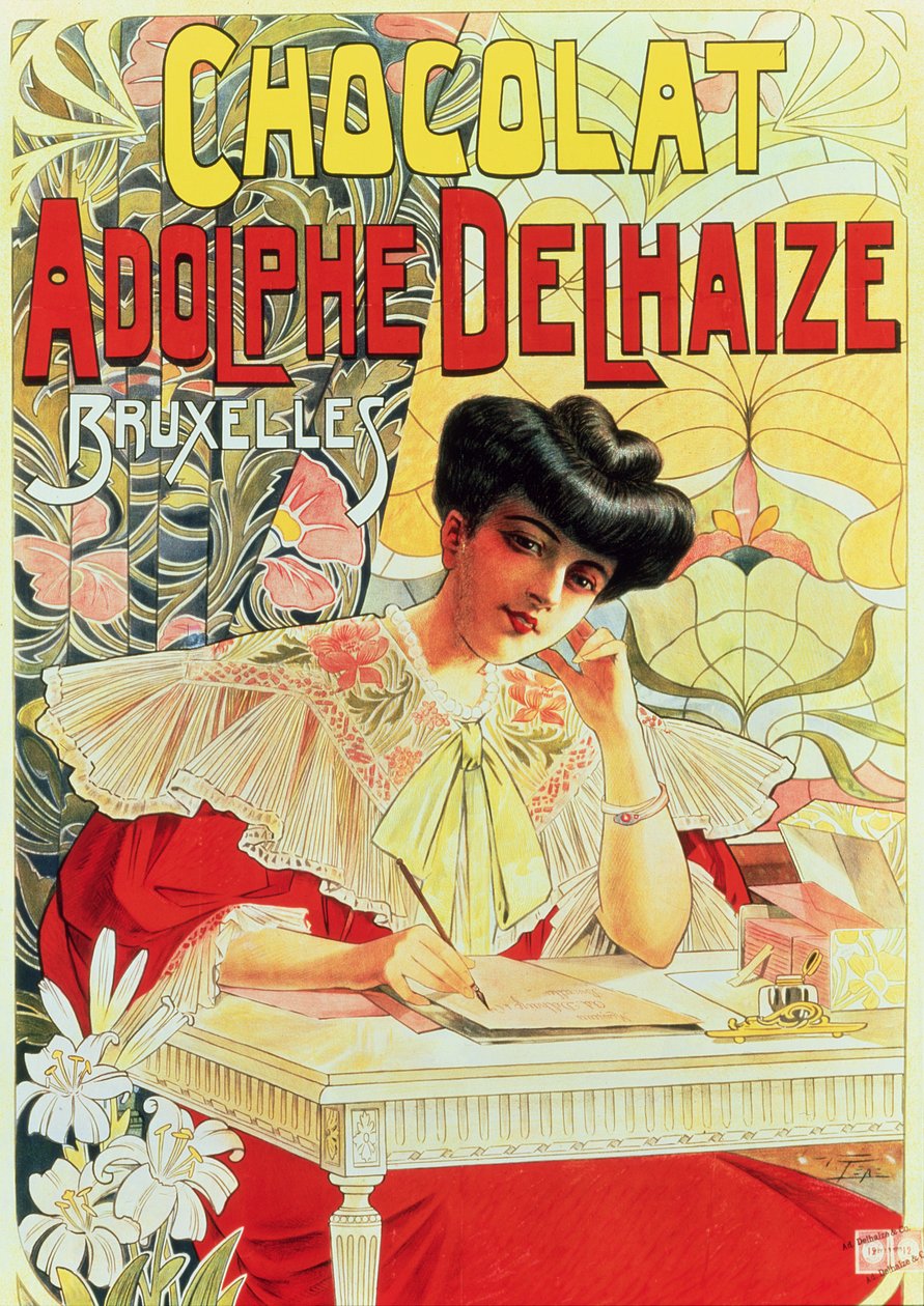 Affischreklam för Adolphe Delhaize Chocolate, ca 1900 av Belgian School