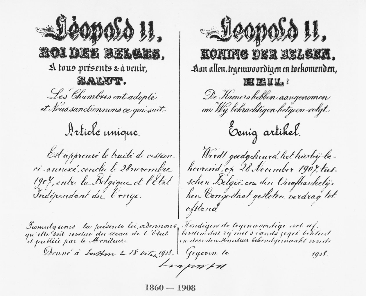 Underskrift av kung Leopold II (1835-1909) som godkände annekteringen av Kongo till Belgien, 1908 av Belgian School