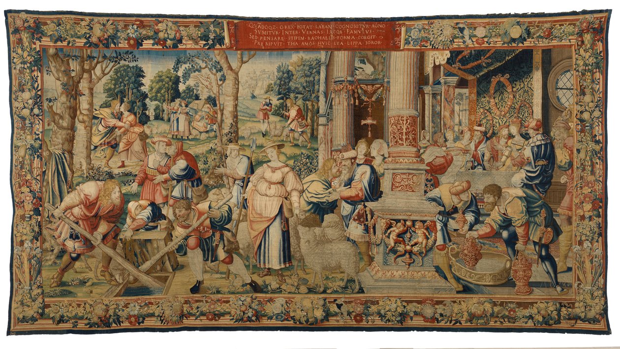 Tapestry, Story of Laban, Jacob and Rachel, Genesis XXIX, gjord i Bryssel, Belgien, ca 1530 (ull och siden) av Belgian School