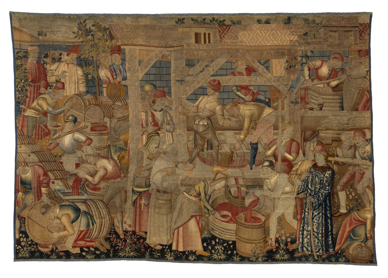 Gobeläng föreställande vinpressarna, från Tournai, ca 1460-70 (ull) av Belgian School