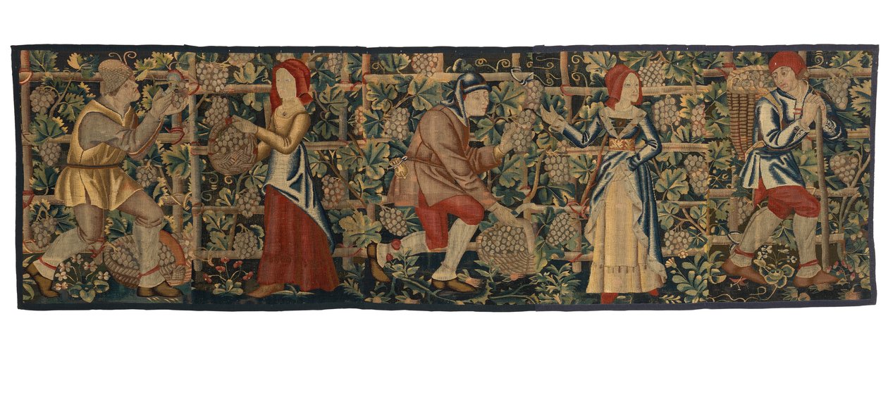 Gobelängfragment föreställande Vintagers, möjligen från Tournai, ca 1460-70 (ull) av Belgian School