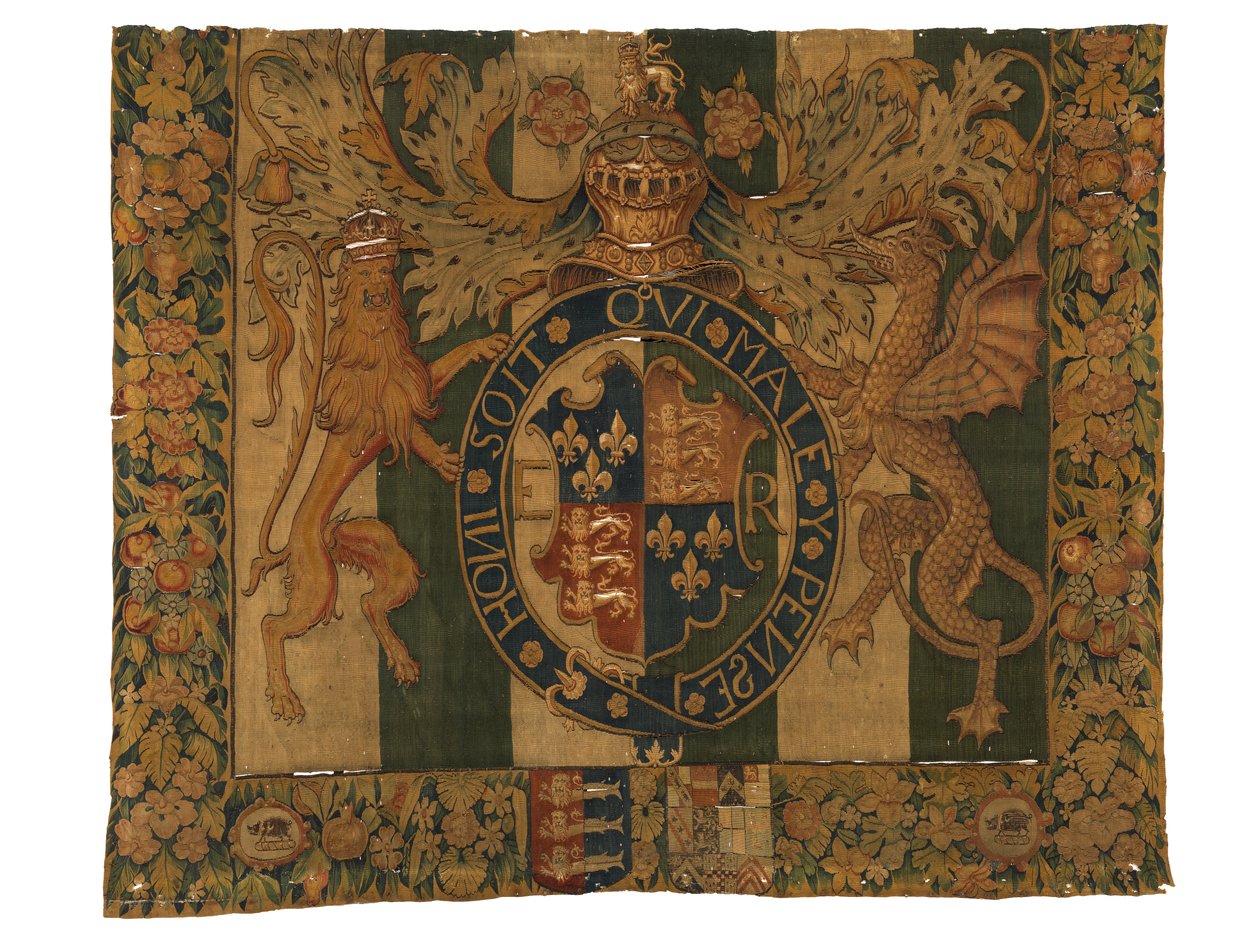 Gobeläng med Edward VI:s kungliga vapen och vapen från le Grys, troligen tillverkad i Enghien, Flandern, Belgien, ca 1547-53 (ull) av Belgian School