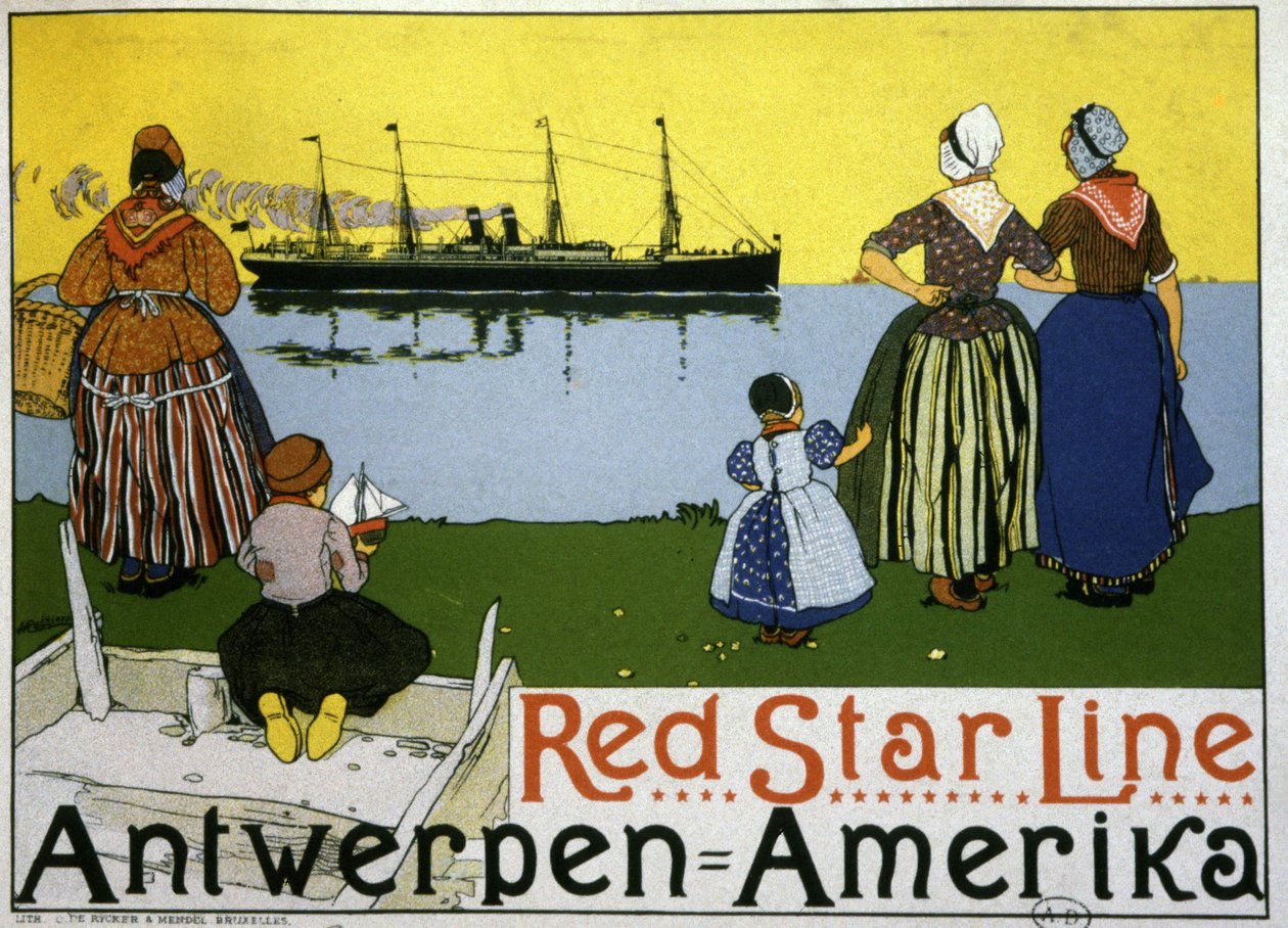 Transatlantiska linjeskeppet Antwerpen/Amerika. Reklam för Red Star Line, ca 1900 (tryck) av Belgian School