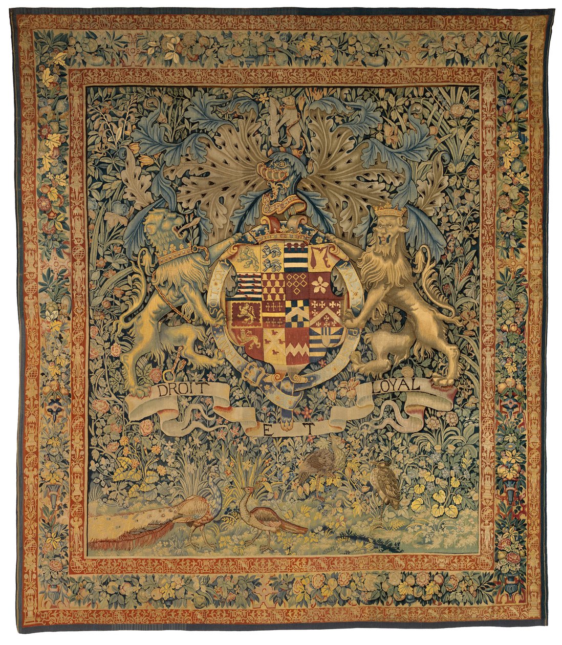 Verdure gobeläng med armarna av Robert Dudley, Earl of Leicester (en i ett par med 47,1), tillverkad i Flandern, Belgien, cirka 1570-85 (ull och siden) av Belgian School