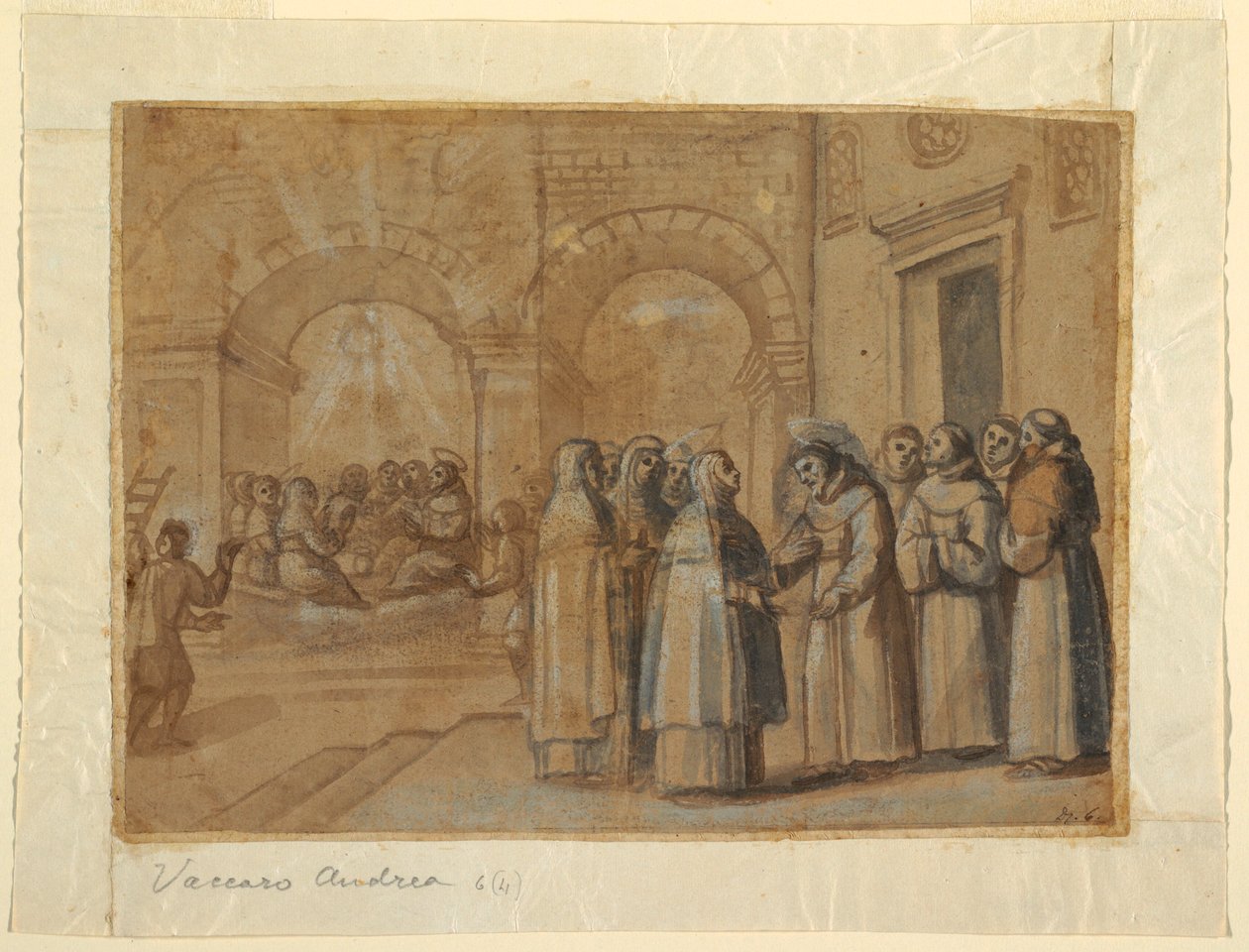 Teckning, Möte mellan helgonet Franciskus och heliga Clara, ca 1630 av Belisario Corenzio