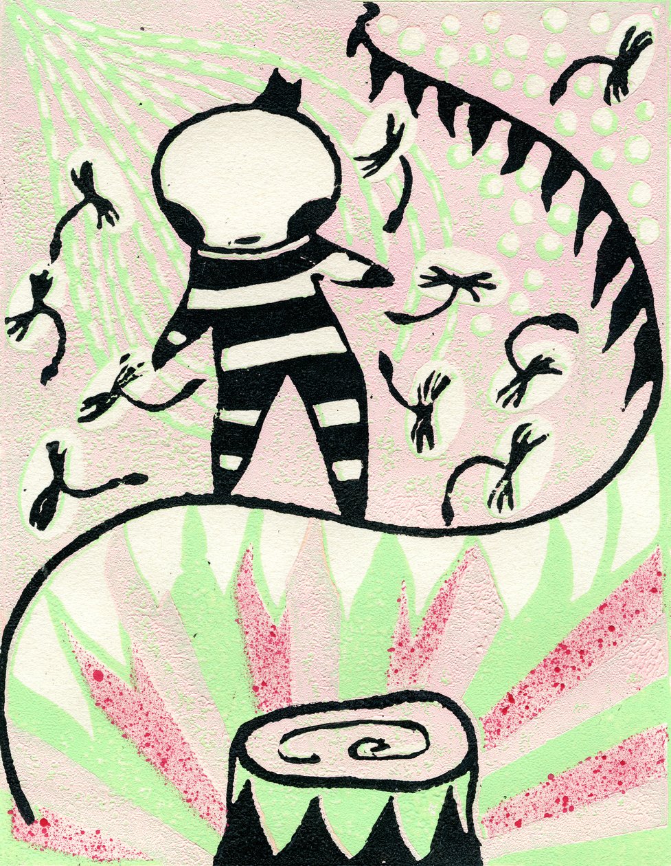 På Cirkus, 2010 (relieftryck på papper) av Bella Larsson