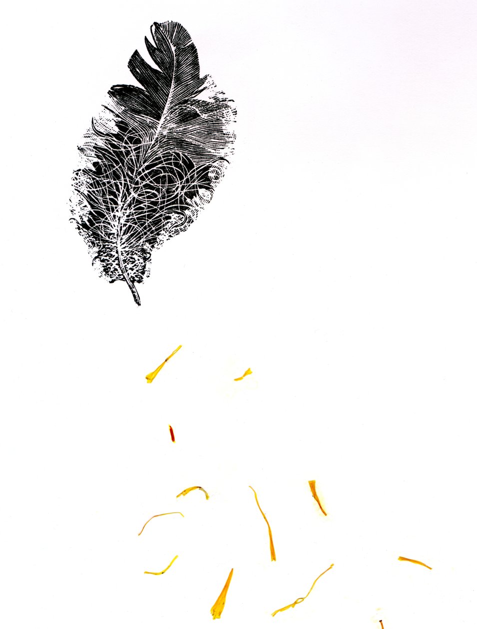 Feather {Fay-erie Dust}, 2014 (trägravyr och växtfragment på papper) av Bella Larsson