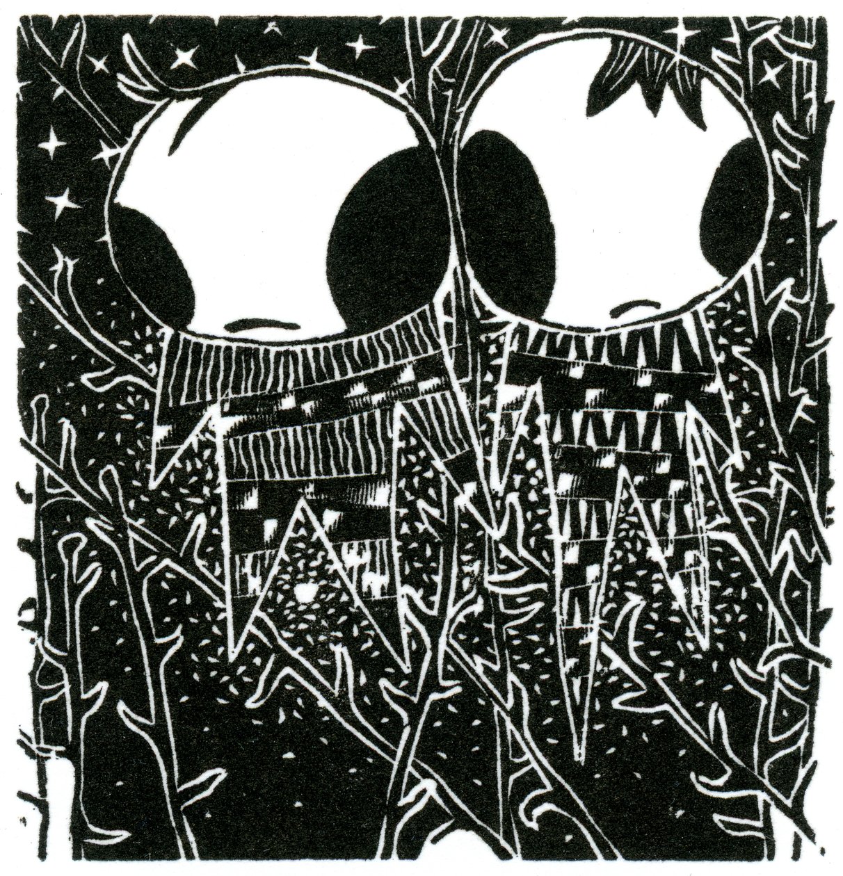 Stargazing Dreamstealers, 2013 (trägravyr på papper) av Bella Larsson