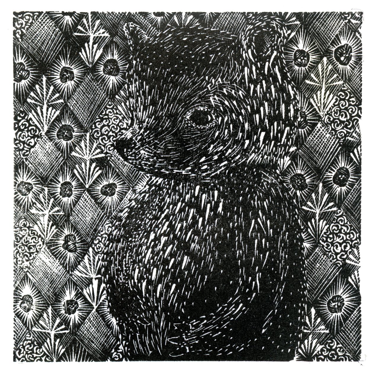 Ursus arctos ssp. domesticus, 2013 (trägravyr på papper) av Bella Larsson