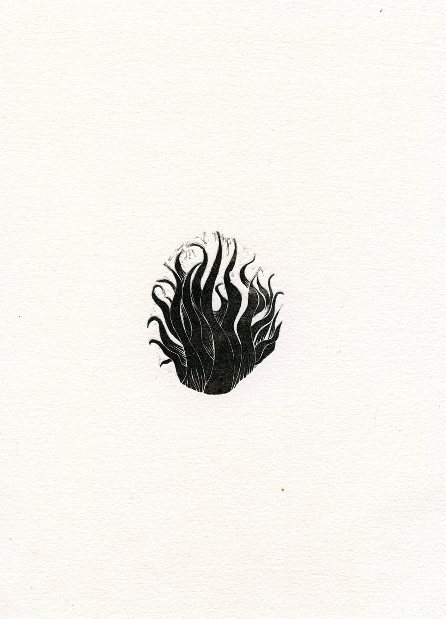 Fire, 2017, (trägravyr på papper) av Bella Larsson