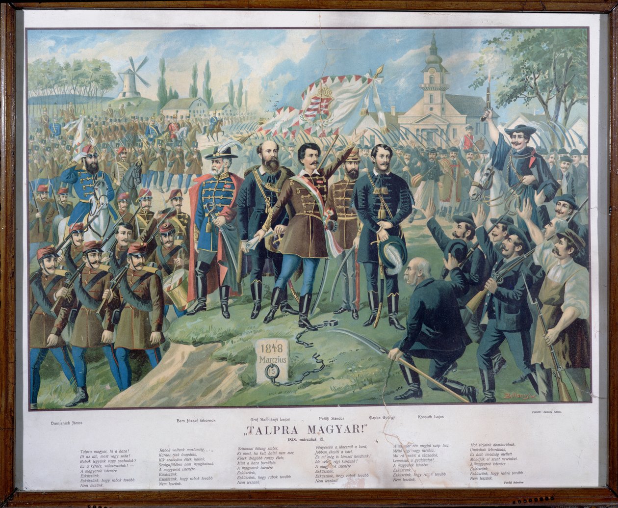 Sandor Petofi (1823-49) och hans berömda proklamation "Talpra Magyar" den 15 mars 1848, slutet av 1800-talet. av Bellony Laszlo