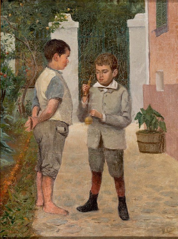  Two Boys Playing with a Kendama ToynPortugues: Dois Meninos Jogando Bilboquen av Belmiro de Almeida