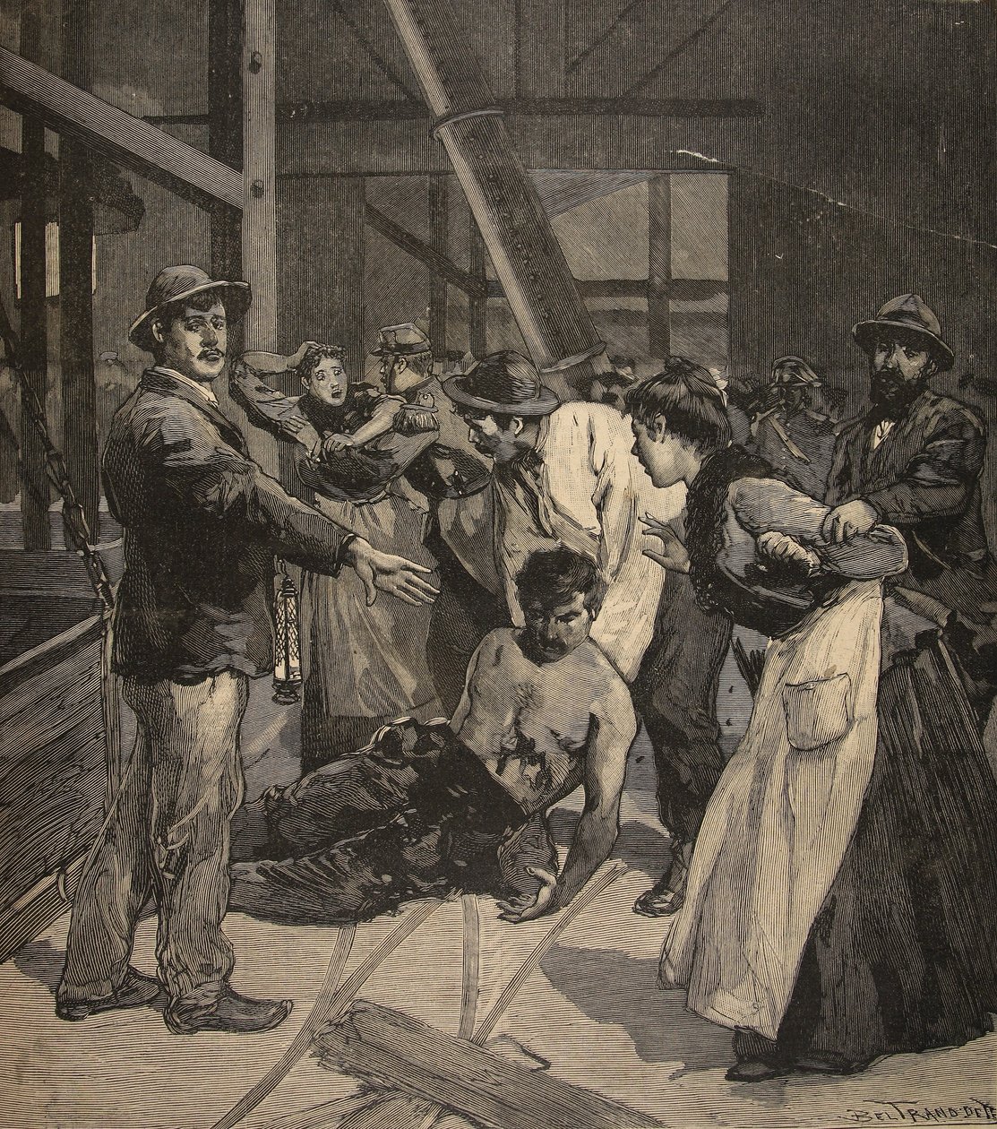 Explosion av smältbränsle i gruvorna i Saint-Etienne, från "Le Petit Parisien", 20 december 1891. av Beltrand and Clair Guyot, E. Dete