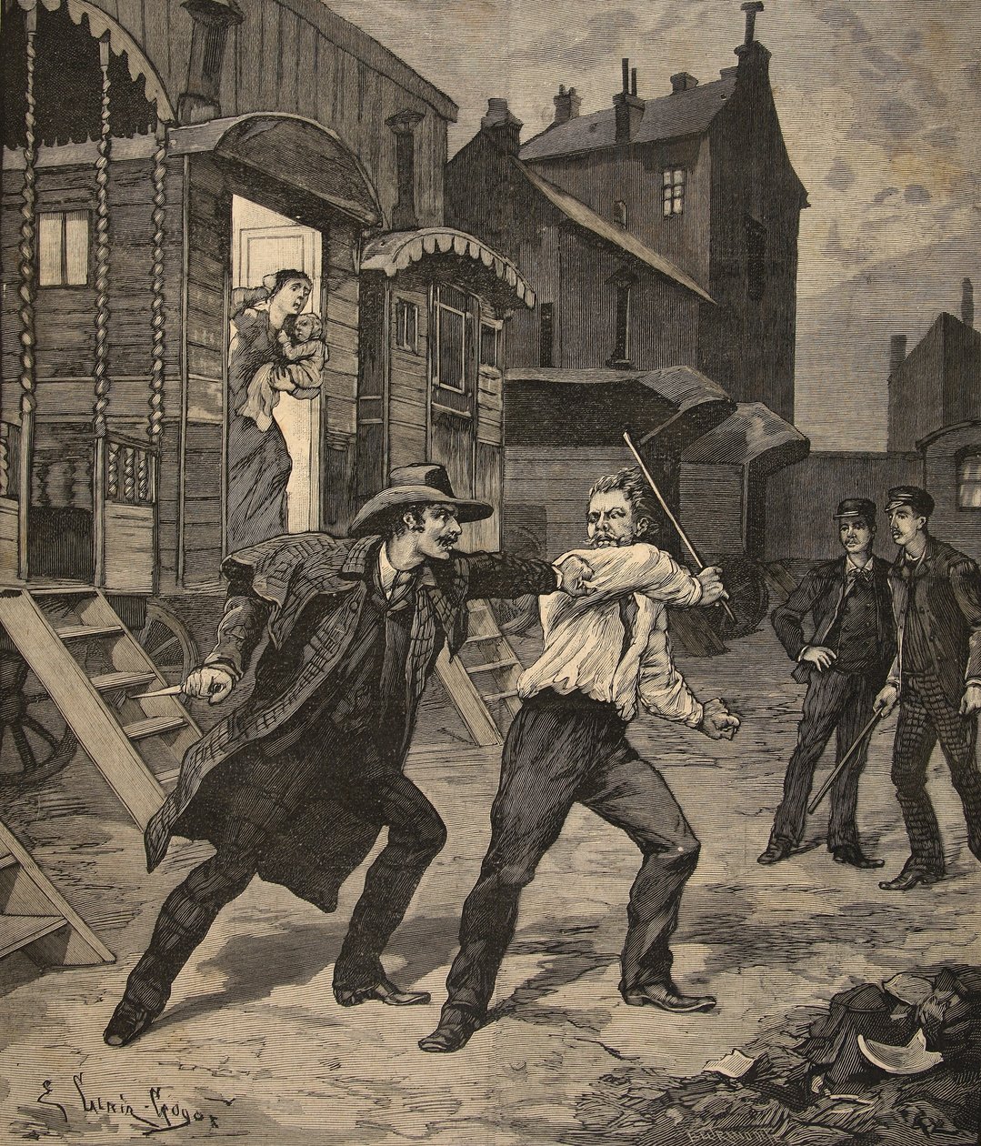 Gatuslagsmål mellan en tämjare och en gatuförsäljare, från "Le Petit Parisien", 26 april 1891. av Beltrand and Clair Guyot, E. Dete