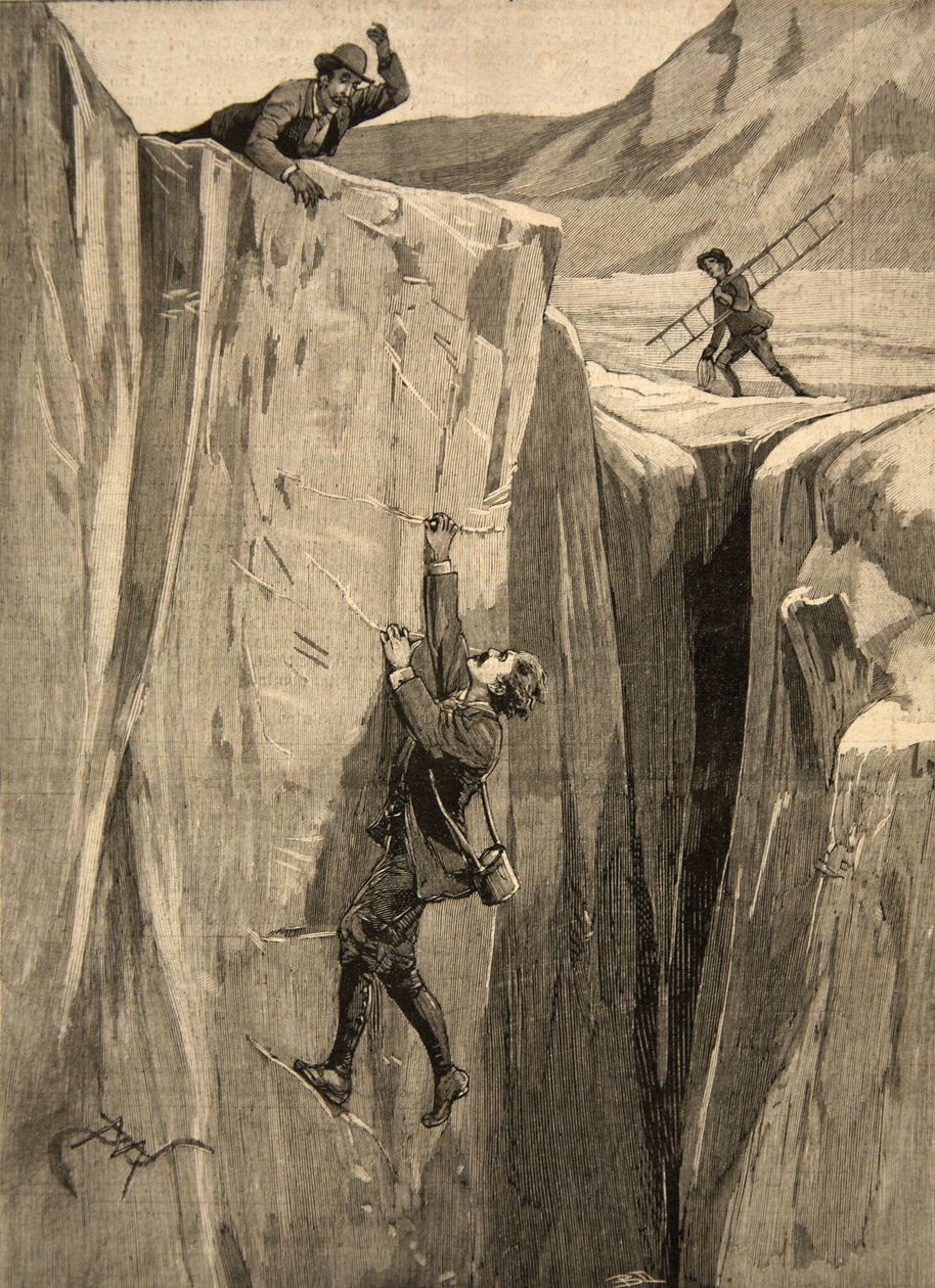 En turist som hänger i en spricka i Alperna, från "Le Petit Parisien", 23 augusti 1891. av Beltrand and Clair Guyot, E. Dete