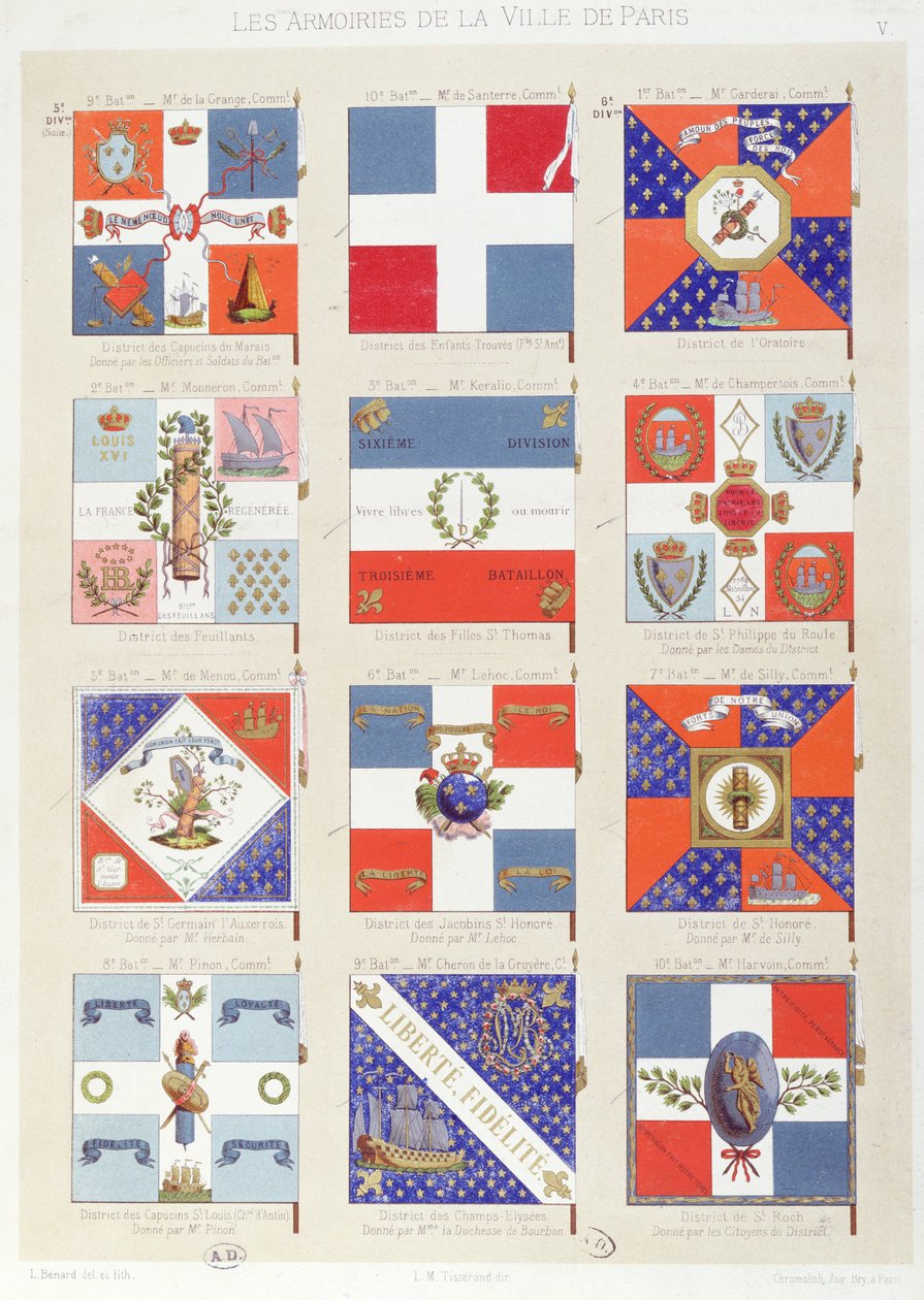 Flaggor från de olika distrikten i Paris (färggravyr) av Robert Benard