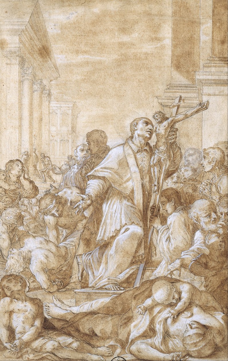 Saint Carlo Borromeo bland pestsliderna av Benedetto Luti