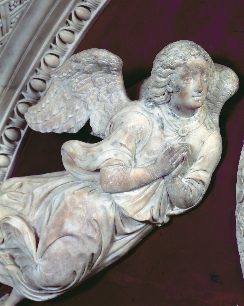 Filippo Strozzis grav 1428-91 i Strozzi-kapellet, detalj av en ängel, 1491-95 marmordetalj av 208700 av Benedetto da Maiano