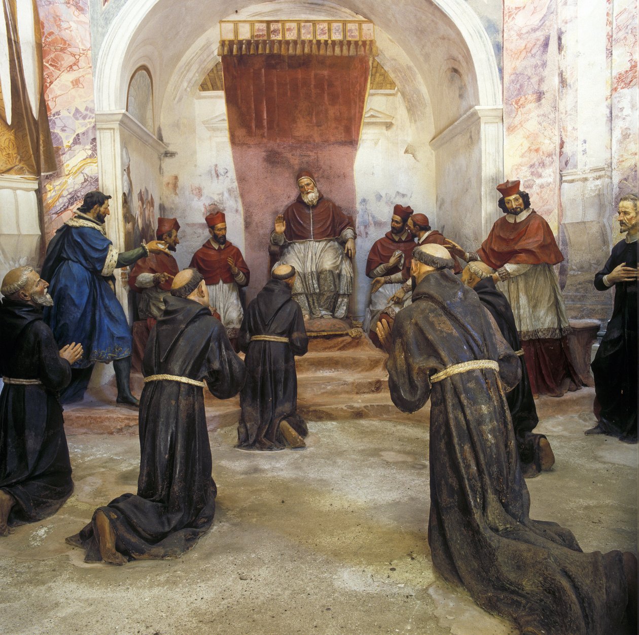Saint Francois av Assisi och det franciskanska samfundet fick godkännandet av det första styret av påven Innocentius III (1160-1216) 1210 (fresk) av Benedetto (1580 1630) Crespi