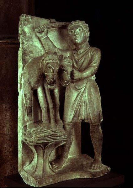 Att tröska vete: juli från en statykalender över Månadernas arbete, ca 1200 (sten) av Benedetto Antelami