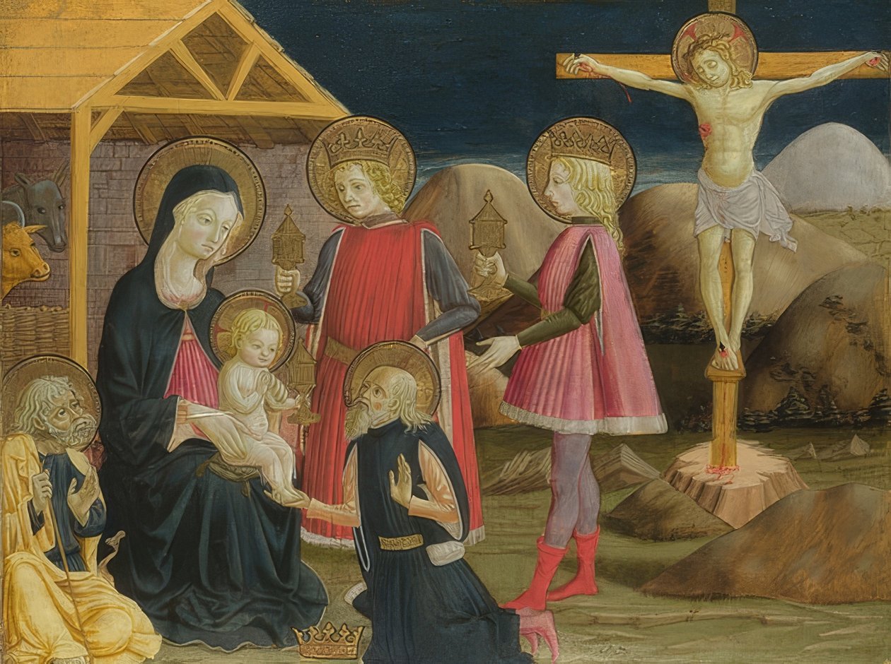 De tre magikernas tillbedjan och korsfästelsen. Omkring 1465-75 av Benedetto Bonfigli