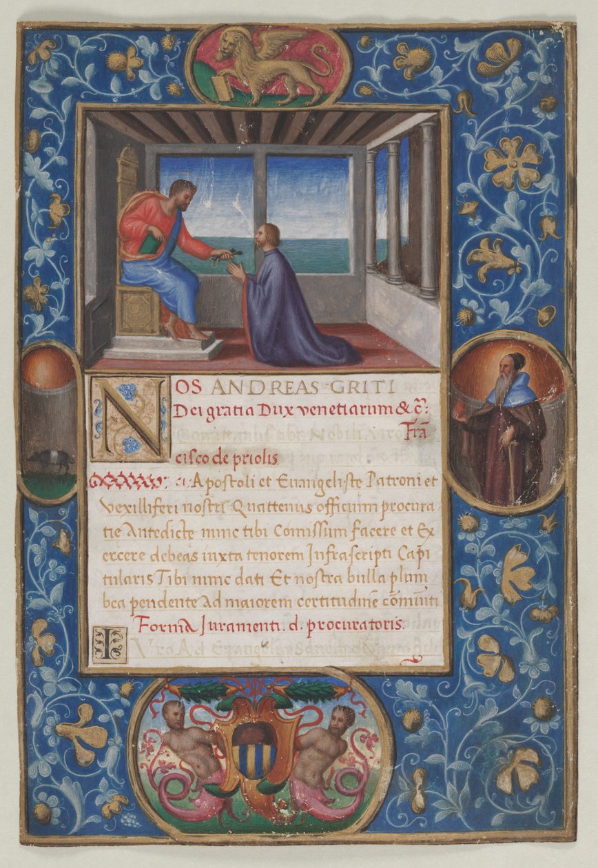 Blad från en kommission: Markus som ger Venedigs nycklar till Francesco de Priuli, ca. 1523-1524. av Benedetto Bordone
