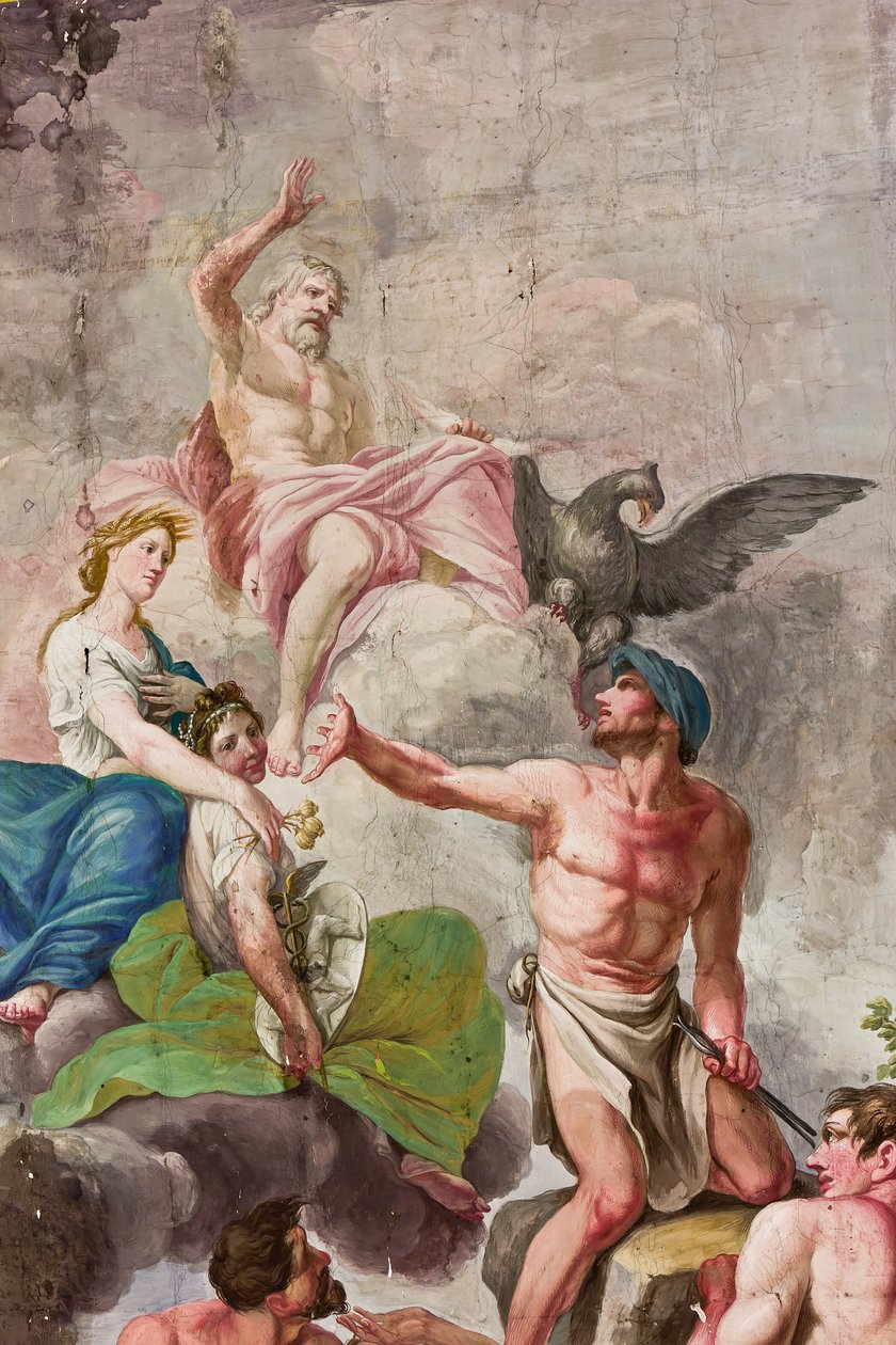 Allegorisk skildring av Olympen med Jupiter, Ceres och Vulcan, detalj av apoteosen av arbete, jordbruk, konst och vetenskap (fresk) av Benedetto Cotarti