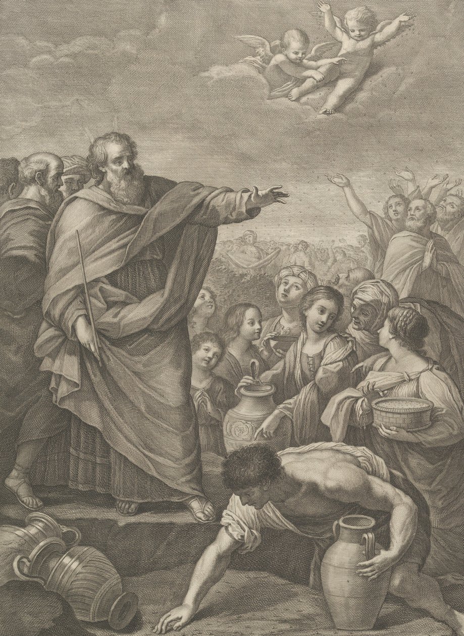 Moses till vänster med israeliterna som samlar manna när det faller från himlen, två änglar ab..., 1776 av Benedetto Eredi