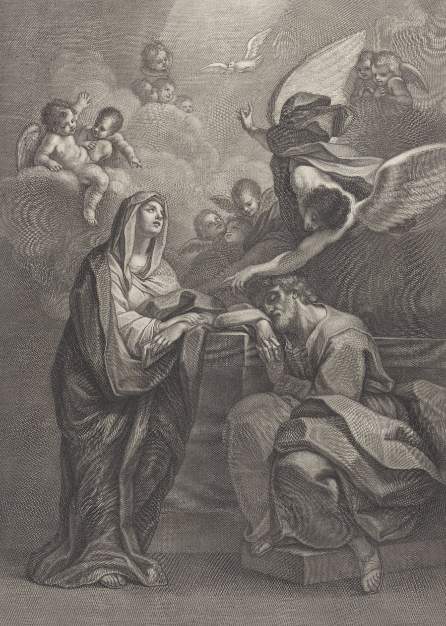 Plåt 6: Sankt Josefs dröm, med Jungfru Maria till vänster och en ängel ovanför som pekar ..., 1777 av Benedetto Eredi