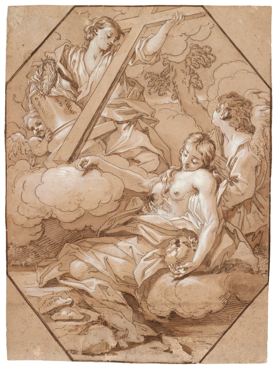 The Ecstasy of Saint Mary Magdalene, c.1715-19 (penna och bläck med brun tvätt, förhöjd med vit, med åttakantiga inramningslinjer av brunt bläck på lagt papper) av Benedetto Luti