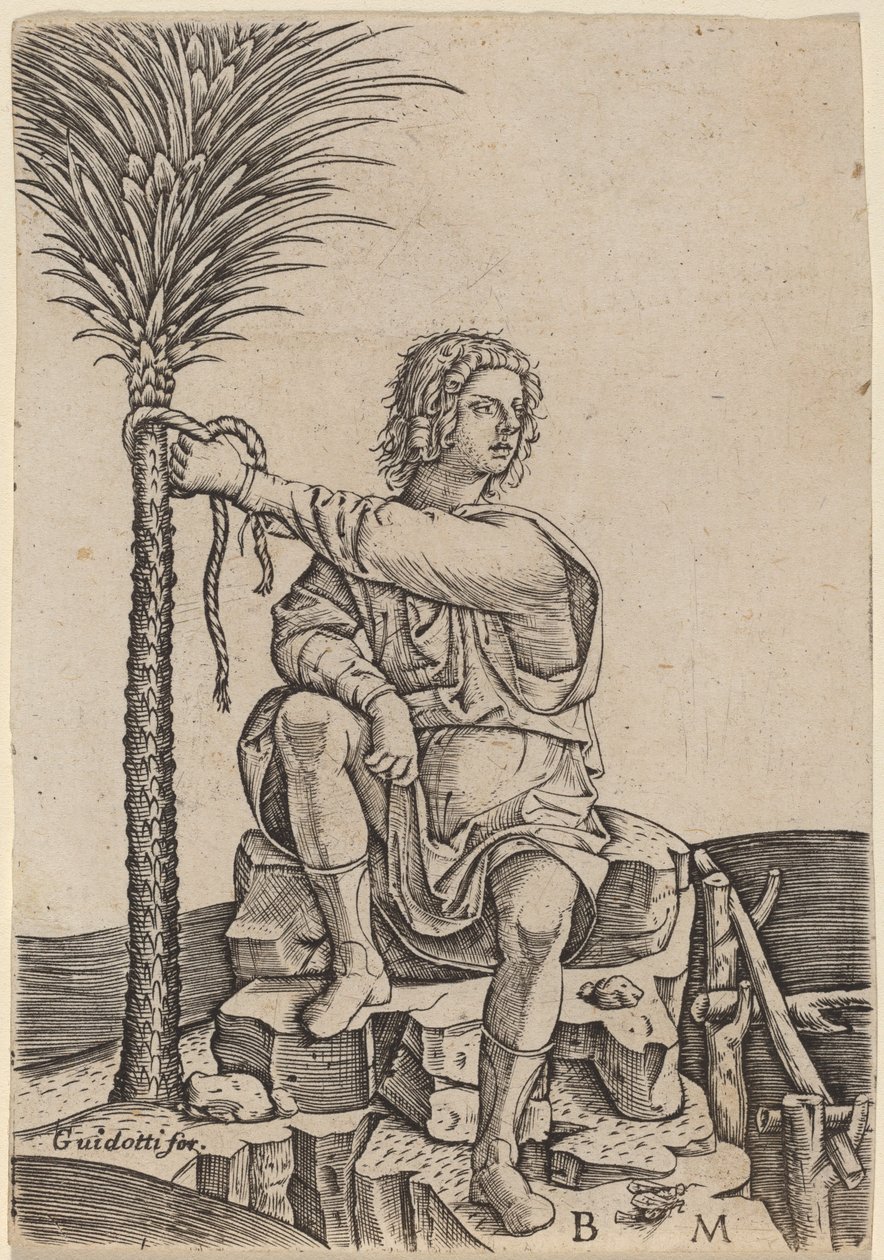 Man som sitter vid en palm av Benedetto Montagna