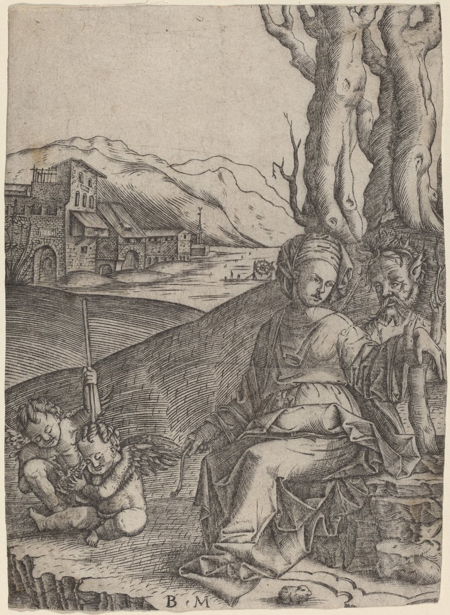 Kvinna och Satyr med två amoriner av Benedetto Montagna