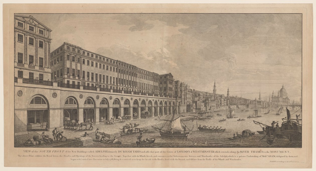 Adelphi från de Thames till London Utsikt över sydfronten av de nya byggnaderna som kallas Adelphi, tidigare Durham Yard (...) (titel på objektet) av Benedetto Pastorini