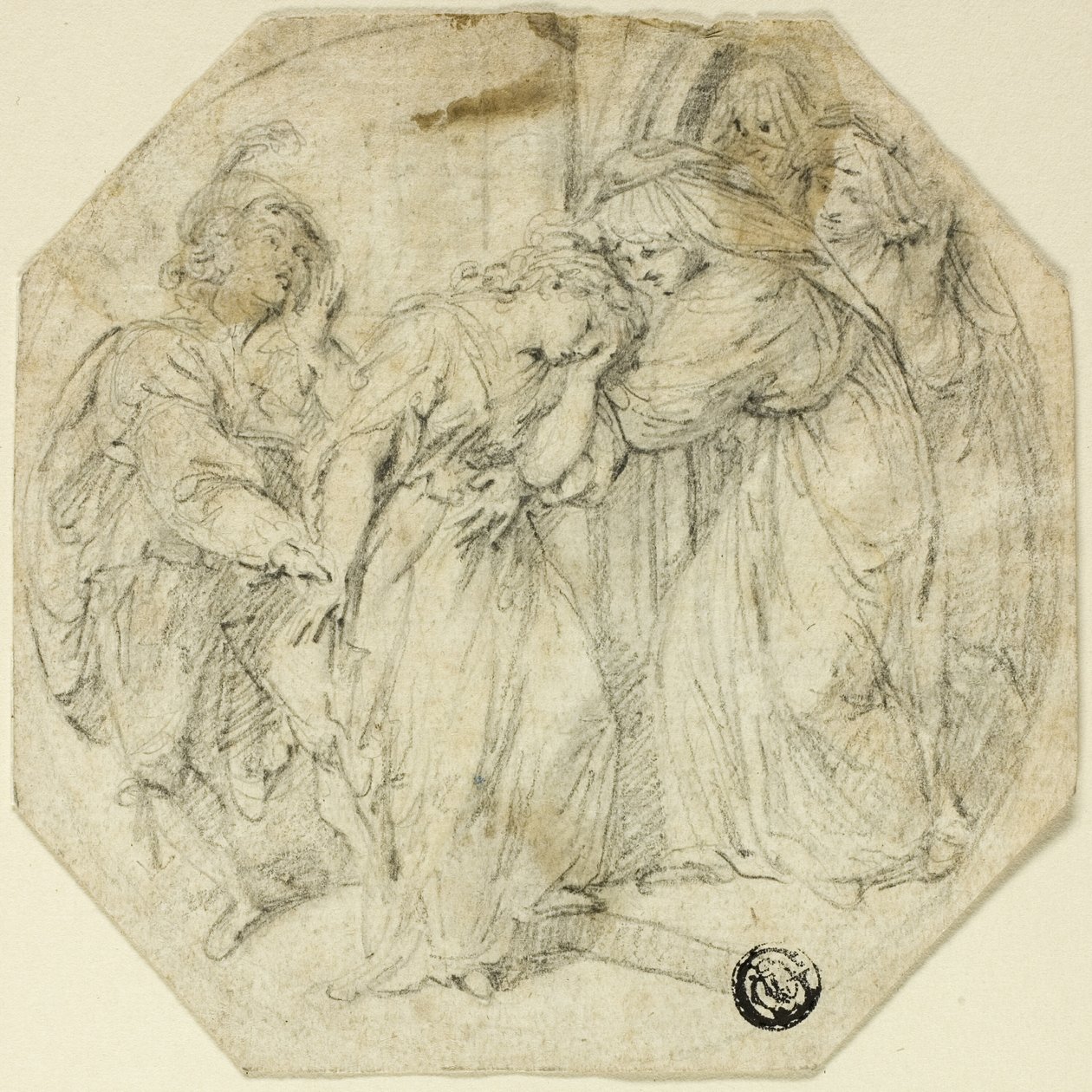 Svimande kvinna vid dörren till ett nunnekloster, med stöd av nunna och ung man av Benedetto Pastorini