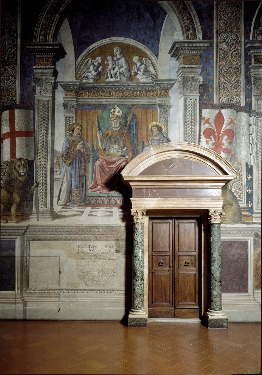 Saint Zanobius, Saint Lawrence och Saint Stephen (Hall of Lilies) (fresk av Benedetto da Maiano